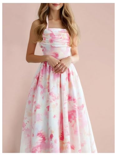 Floerns Girl's Summer Halter Dress Sleeveless Floral Ruched Vacation A Line Dresses3