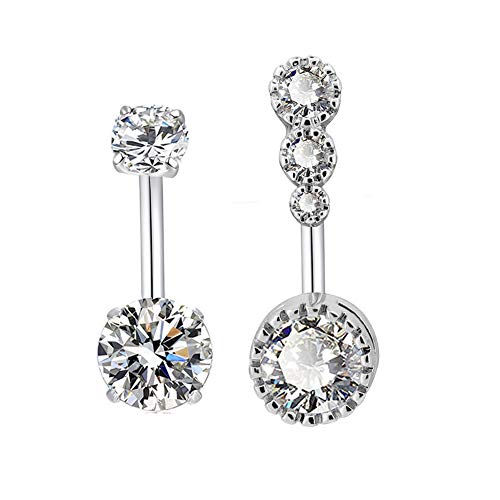 14G Surgical Steel Belly Button Rings Sparkly Round Clear CZ Navel Curved Barbell Studs Sexy Body Piercing Set for Women Girls (Silver)