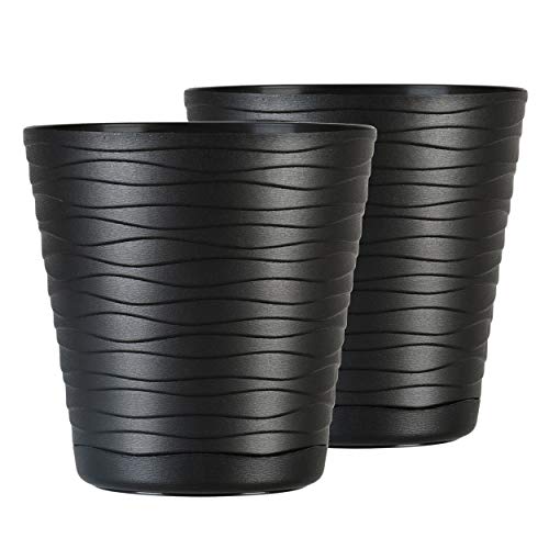Tymar Blumentopf mit Untersetzer, 2er-Pack, runde Form, Pflanzgefäß, Pflanzkübel für Innen, Pflanztopf aus Kunststoff, Leichter, Doppelpack,mit 3D-Wellendesign (15 cm, Schwarz)