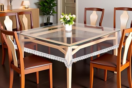 Image of The Furnishing Tree Square Shaped 4 Seater Transparent Table Cover WxL 60x60 inches 0.25 mm Thickness with White Lace