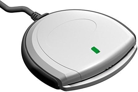 Angled view of the Identiv SCR 3310 v2.0 Smart Card Reader showing the green status LED.