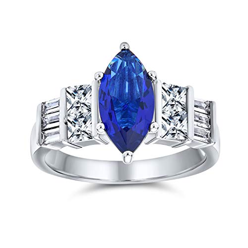 Bling Jewelry Personalize Vintage Estate Art Deco Style Halo Blue Simulated Sapphire Marquise Oval Solitaire Engagement Ring For Women .925 Sterling Silver Customizable