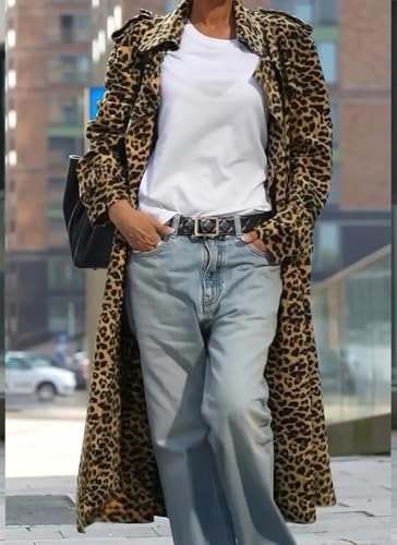 chouyatou Women's Leopard Print Faux Suede Coat Open Front Notch Lapel Midi Long Winter Trench Coat2