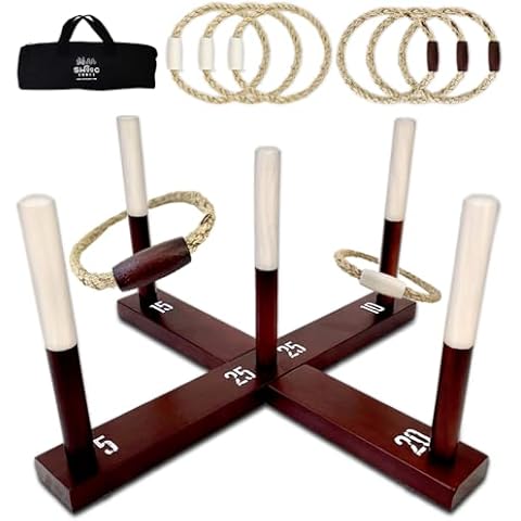 SWOOC Games - Rustic Ring Toss Game (All Weather) - Easy Setup & Extra Games Included - Ring Toss Game for Adults - Outdoor Games for Kids - Yard Games for Adults - Ring Hook Game - Game Room Games Cover