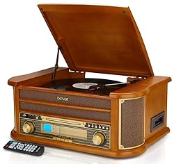 8-IN-1 HIFI STEREO SYSTEM WITH VINYL RECORD AND CD PLAYER - Bluetooth receiver, Vinyl player, tape cassette player, CD player, FM & AM Radio, USB for recording & MP3 playback (vinyl to MP3, cassette to MP3 etc) & connect smartphone / tablet / MP3 pla...