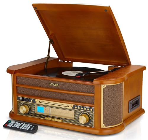Denver Vinyl Record Player with Speakers 9-in-1 Retro Wooden Music Centre Bluetooth Turntable with CD Cassette USB & FM/AM Radio - MCR-50