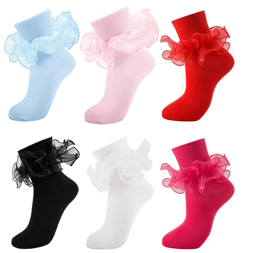 Image of Women Big Ruffle Ankle Socks Adult Double Lace Frilly Turn Cuff Dress Socks Cotton Cute Fancy Bobby Crew Socks