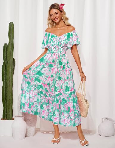 GRACE KARIN Womens 2025 Floral Summer V-Neck Ruffle Sleeve Empire Waist A-Line Casual Maxi Tiered Dress with Pockets2