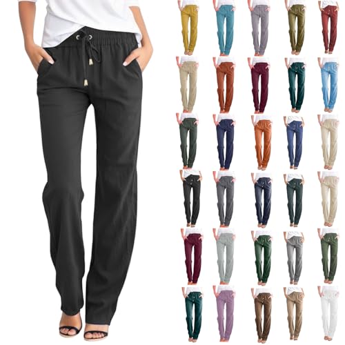 Women's Casual Cotton Linen Pants Fashion Drawstring Lightweight Summer Relax Fit Straight Leg Lounge Trouser