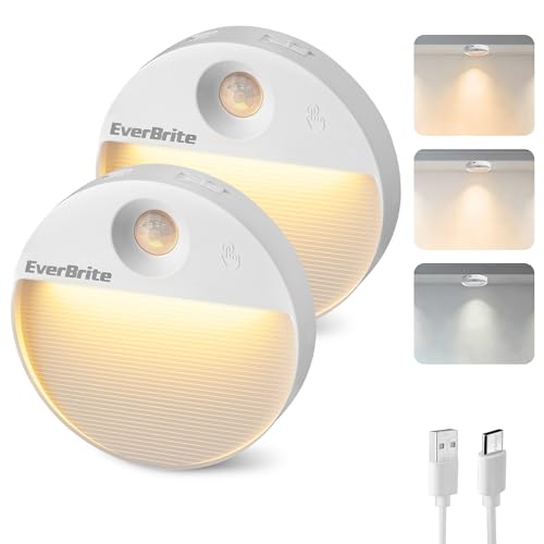 EverBrite Rechargeable Round Motion Sensor LED Night Light, Motion Activated LED Night Light with 3 Lighting Modes, Touch Control, 3 Color Temperatures & Dimmable, for Hallway, Bedroom, 2 Pa