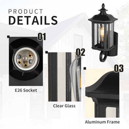 Image of JYZ 15 inch Outdoor Wall Light Fixture, Classic Exterior Waterproof Wall Lantern, Matte Black Anti-Rust Sconce with Clear Glass Shade, E26 Base Outside Porch Lights for Patio Garage Door