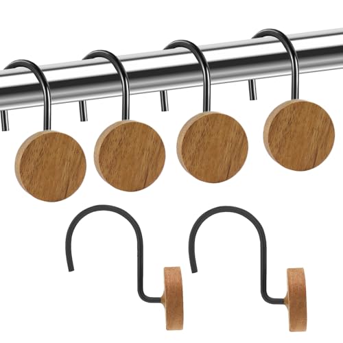 Shower Curtain Hooks, Wood Decorative Shower Curtain Rings, Modern Round Log Shower Curtain Hangers, 12PCS Shower Hooks for Shower Curtain Rod, Bedroom, Living Room (Black)