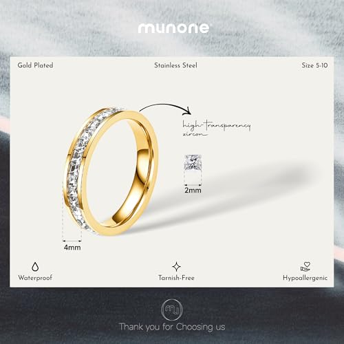 munone18k Gold Plated Minimalist Princess Cut Cubic Zirconia,Channel Set Eternity Rings for Women Men,Non Tarnish Hypoallergenic Titanium Band Stackable Ring2