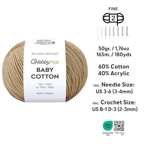 Image of Baby Cotton Blend Yarn - Soft Sport Weight Yarn for Crochet & Amigurumi - 50g /180yds - 60% Cotton 40% Acrylic - Ideal for Baby & Knitting Proj.(Beige, 2 Balls)