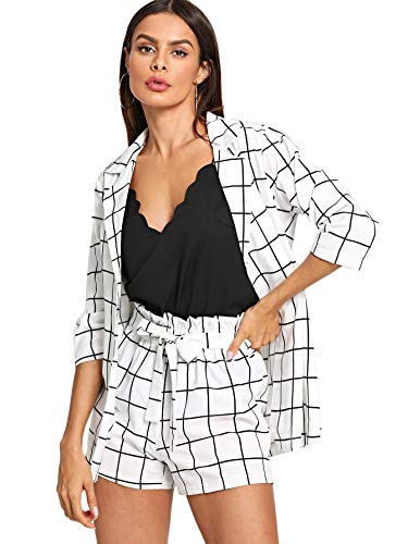 SheIn Women's 2 Pieces Outfits Plaid 3/4 Sleeve Blazers and Tie Waist Shorts Set White Medium