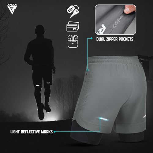 RDX Pantalones Cortos para Correr Hombre, Corto Deporte Compresión Transpirable con 2 Cremallera y 2 Bolsillos para Teléfono, De Secado Rápido Gym Verano Shorts para Entrenamiento, Trotar, Ciclismo - imagen 5