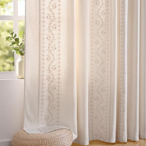 Image of Yinhua Boho Curtains for Living Room 84 Inch Long Beige Embroidered Floral Bedroom Curtains, Farmhouse Light Filtering Window Curtain Rod Pocket & Back Tab Drapes, 52 inch W x 84 inch L, 2 Panels