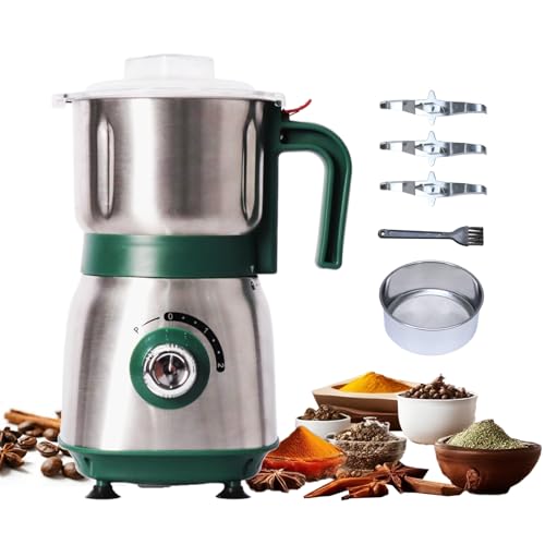 Electric Grinder for Kitchen - 500W Grain Mill with 3 Stainless Steel Blades, Dry and Wet Versatile Spice Grinder for Coffee, Grinding Spices, Bean, Grains, Nuts (Green)