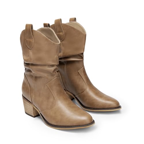 DREAM PAIRS Women's Modern Western Cowboy Boots, Mid Calf Round toe Chunky Heel Cowgirl Country Ankle Boots with Pull On Tabs 6