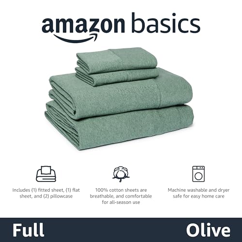 Image of Amazon Basics 100% Cotton Jersey Bed Sheet Set, Full, Olive (Melange), Solid