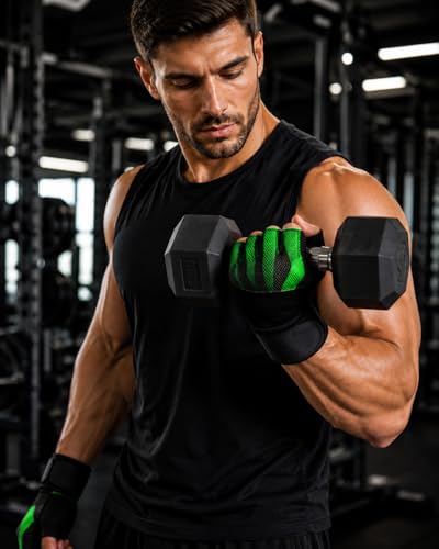 Image of GymWar Unisex Leather Gladiator Gym Gloves | for Professional Weightlifting, Fitness Training and Workout | with Half-Finger Length, Wrist Wrap for Protection (Green, L)