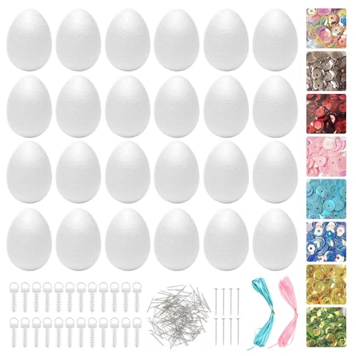TICKLELY Œufs de Pâques en Mousse de Polystyrène - Kit Artisanal avec 24 Œufs de 6cm, Paillettes Multicolores, Anneaux de Suspension et Rubans, Idéal pour...