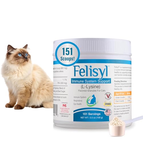 Felisyl L-Lysine Granules for Cats 100g (3.5 oz 310 Servings) Supports Immune Respiratory and Eye Health. Eases Sneezing Runny Nose and Watery Eyes. Tasty Salmon Flavor - Made in The USA