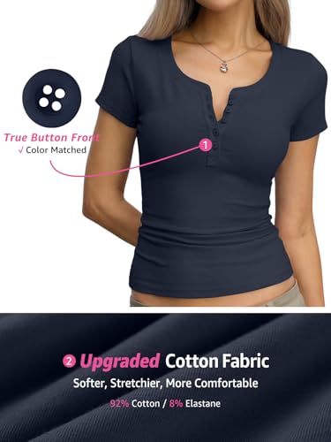 EasyGala Womens Cotton Henley T Shirt Fitted Basic Short Sleeve V Neck Top — view 5