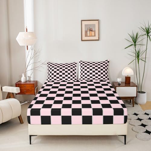 Image of Erosebridal Plaid Bed Sheets Queen Pink Black Checkerboard Sheet Set Geometric Checkered Bedding Set for Kids Boys Girls,Aesthetic Grids Fitted Flat Sheets 4 Piece