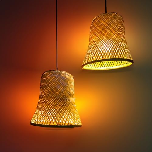 Image of Craftscape Bamboo Hanging Pendant Lamp | Boho Cane Lampshade | Bamboo Lights | Collection (Mic Set of 2)
