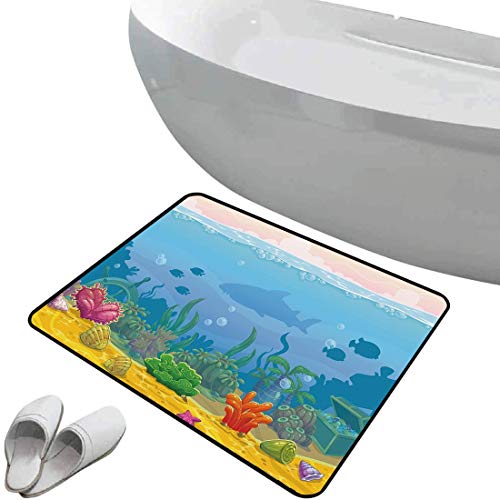 Alfombra de baño antideslizante Acuario suave antideslizante Rico bajo el mar Paisaje Siluetas de peces Plantas y conchas exóticas de colores Decorativo,Multicolor Para ducha Felpudo Dormitorio Sala d