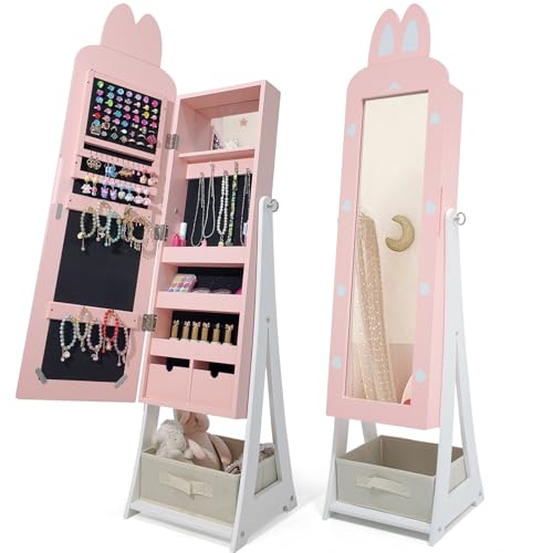 Karl home Kids Jewelry Armoire Cabinet with Removable Drawers 45.5 Standing Jewelry Organizer with Full-Length Mirror CuteRabbit-Shaped Kids Dress Up Jewelry Cabinet for Little Girls Pink
