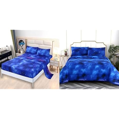 SDIII 7PCS Blue Galaxy Comforter and Sheets Set Twin, 1 Comforter, 1 Fitted Sheet, 1 Flat Sheet and 4 Pillowcases, Space Bedding Set Twin Cover
