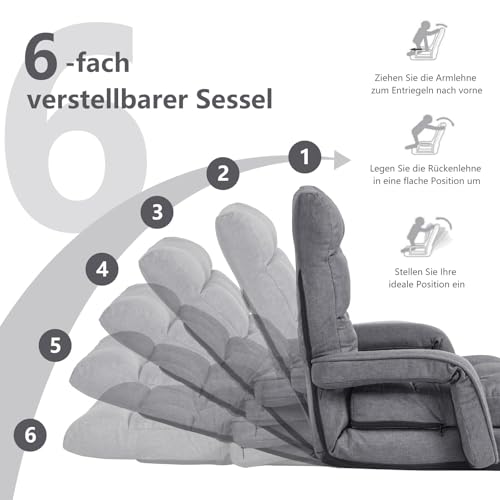FANTASK verstellbare Sofa, Klappsofa Lazy, Verstellbare Rückenlehne 90° bis 180°, Liegebett mit Armlehnen und Kissen für Zuhause, Grau