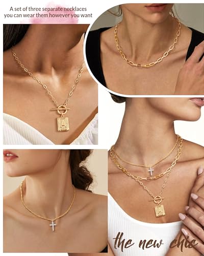 MJartoria Layered Initial Necklaces for Women Trendy, 14K Gold Plated Simple Cross Choker Square Letter Pendant Necklace, Paperclip Chain Necklace, Gold Necklaces Jewelry3