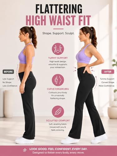 Image of Women's High Waist Bootcut Yoga Pants with Pockets | Flared Leggings for Women | Stretchable Gym Workout Pants | Tummy Control Activewear | Lounge & Travel Wear