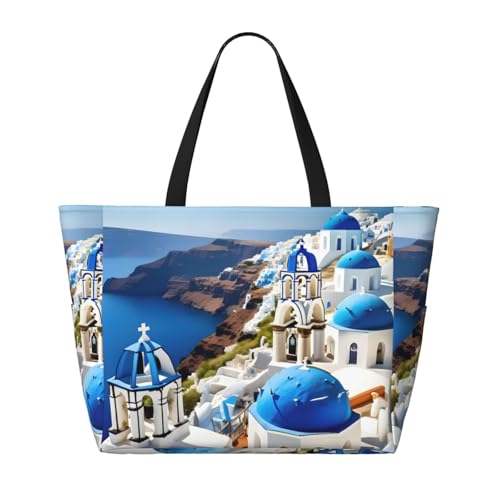 Greek Island Sea View Print Beach Tote Bag Large Travel Bag With Zipper And Pockets Lightweight Gym Bag2