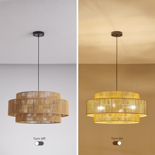 Image of 3-Tier Large Rattan Chandeliers, 23.6in Boho Coastal Pendant Lights, Hand Woven Hemp Rope Lighting Fixture, Wicker Hanging Ceiling Light for Living Room, Dining Room, Bedroom, Kitchen Island