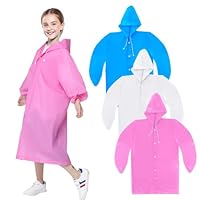 ZOCONE 3 Pack Reusable Kids Rain Poncho Waterproof Raincoat With Hood and Buttons for Girls Boys, Portable Rain Cape Children EVA Rain Cover for Kids Travel School Outdoor Hiking Camping (3 Colours)