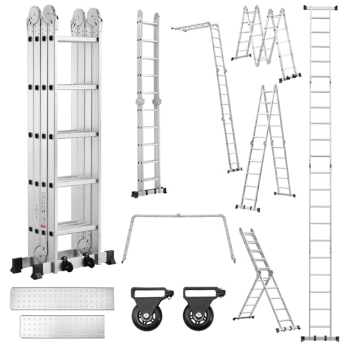 TEENO Escalera Multiusos 7 en 1, 4x5 Escalones 5.8 M de Aluminio, Escalera multifunción con 2 Plataformas y 2 Ruedas Rimovibili, 20 Peldaños, Carga Máxima de 150 kg, para Pintar, Techos, Jardín