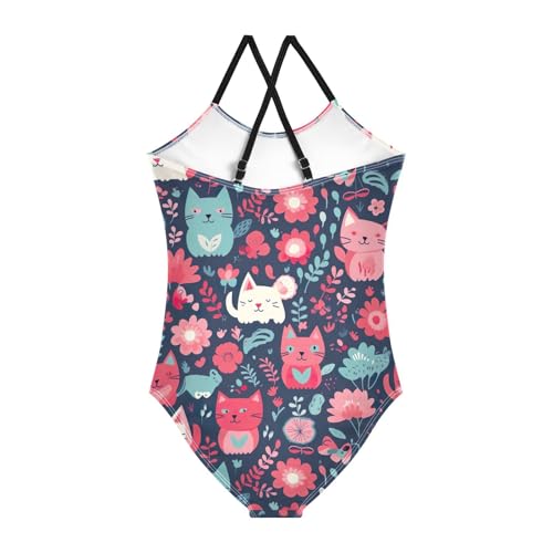 Cute Cat Flowers Floral Girls One Piece Swimsuit Beach Swimwear 208526532