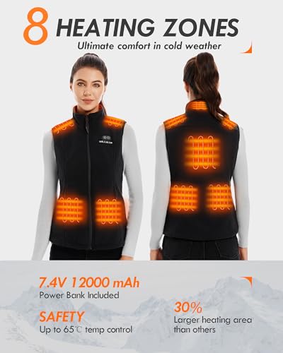 HILLSLTR Beheizbare Weste, Fleece Heizweste Damen mit Powerbank 7.4V 12000mAh, Heizweste mit 8 Heizzonen, Beheizte Weste mit 3 Temperatur, Wärmeweste für Ski/Motorrad