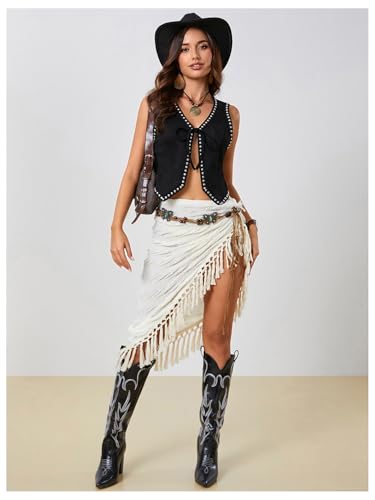 Verdusa Women's Western Cowgirl Vest Tie Front V Neck Grunge Asymmetrical Sleeveless Jacket Outerwear3