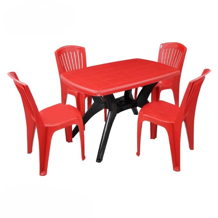 Image of Furniture Max 4 Seater Plastic Cross Leg Dining Table with 4 Nos SW-1701 Without arm Chair for Home, Garden & Cafeteria (Finish Color-Red Top with Black Leg, DIY(Do-It-Yourself))