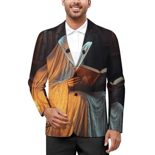 Halloween Ghost Reading Men's Blazer Printed Button Suit Jacket Slim Sport Coat Blazers