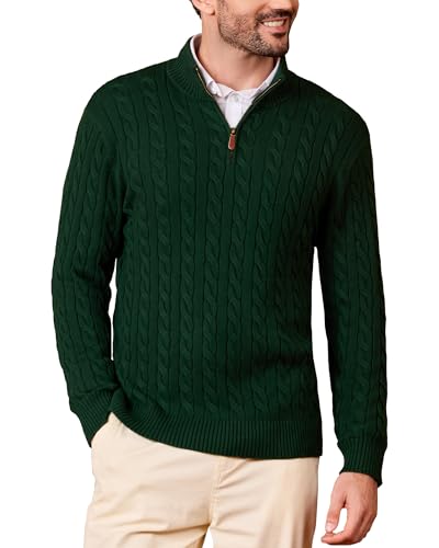 Kallspin Mens Quarter Zip Sweater Pullover Pure Cotton Cable Knit Long Sleeve Casual Everyday Knitwear (Dark Green XL)