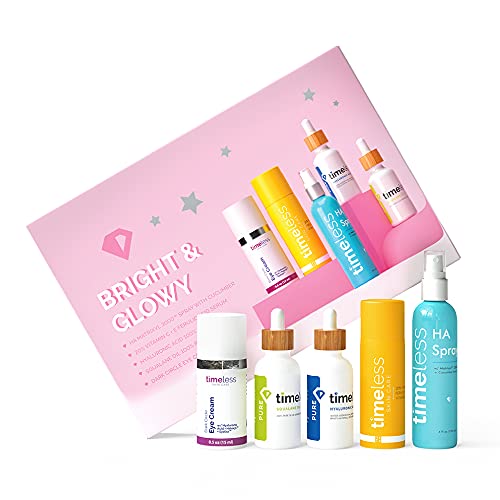 Timeless Skin Care Bright & Glowy Kit – Includes HA Matrixyl 3000 w/Cucumber Spray, 20% Vitamin C + E Ferulic Acid Serum, Dark Circle Eye Cream, Hyaluronic Acid 100% Pure & Squalane Oil 100% Pure