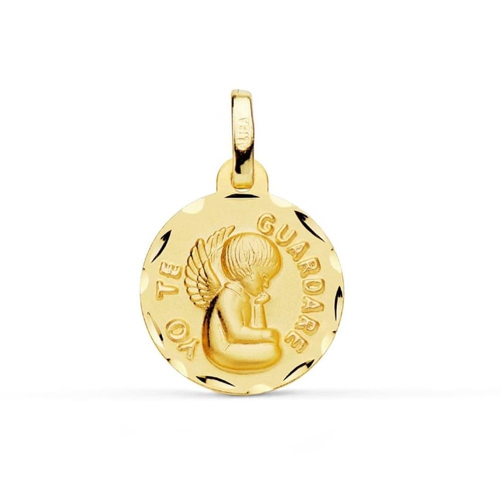 Medaglia d'angelo in oro 9k, 14 mm, incisa con il messaggio TI TERRÒ