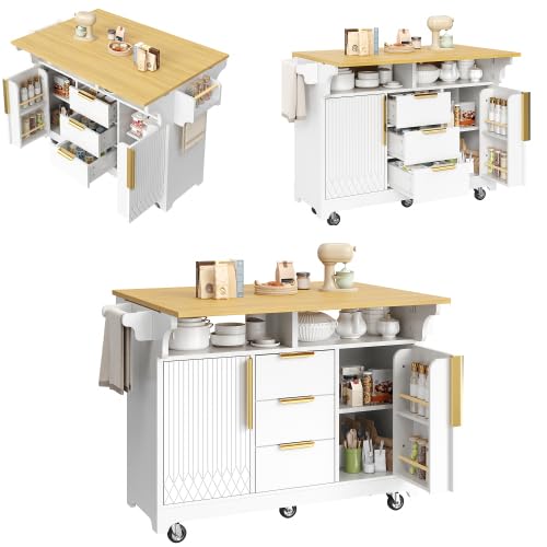 Isola cucina 120 cm bianco, 3 cassetti, tavolo estensibile