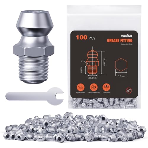 TRILINK Schmiernippel M6 metrische Schmier fittings mit Geraden Schmiernippel-Kit mit Schraubenschlüssel - Ideal für Automotive Landwirtschafts und Industriemaschinen (100 Stück)